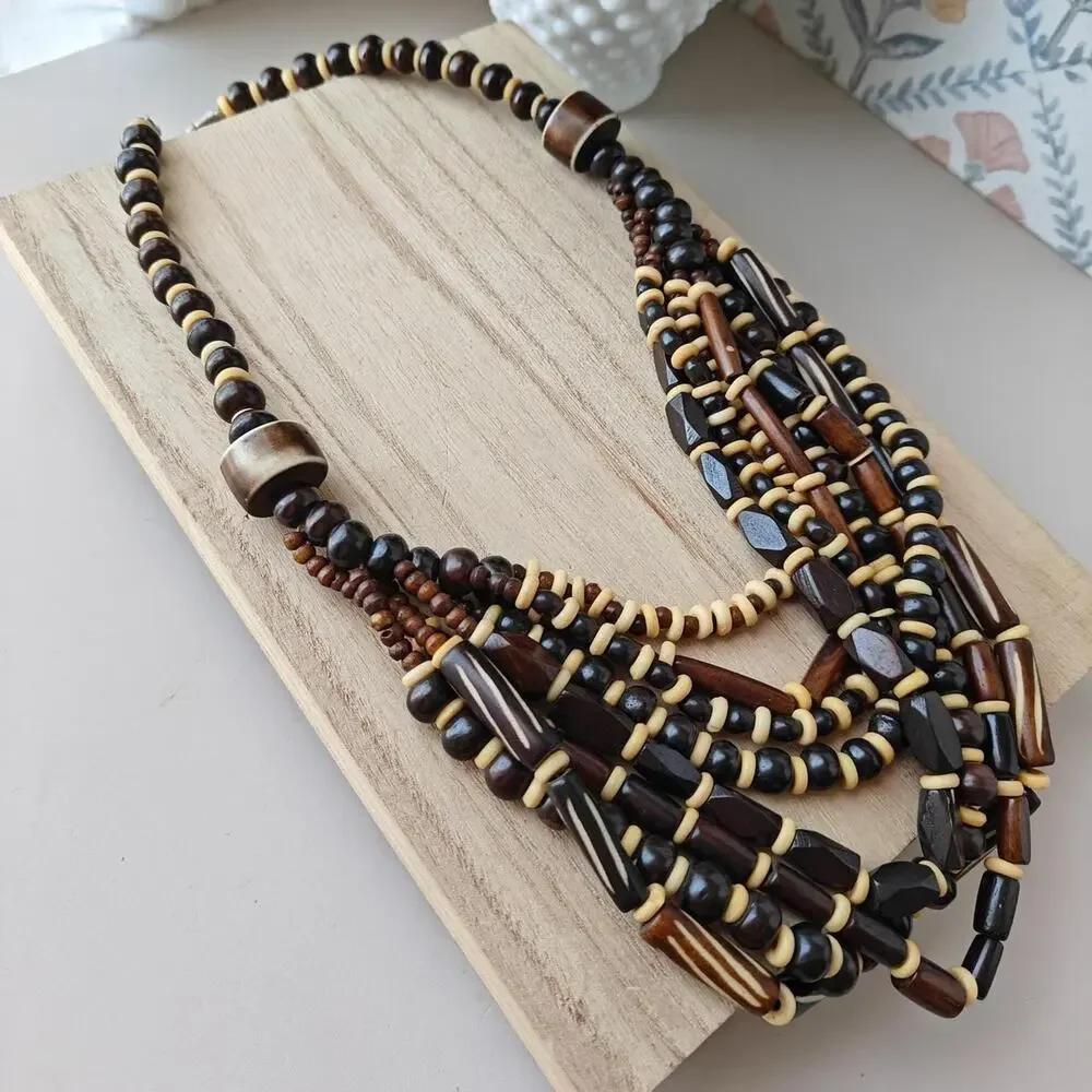 Bohemian dark brown and cream wooden multilayer beaded necklace